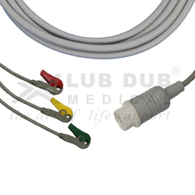 HP Compatible 3-Lead ECG Trunk Cable (12-Pin Connector, Clip/Grabber Style)