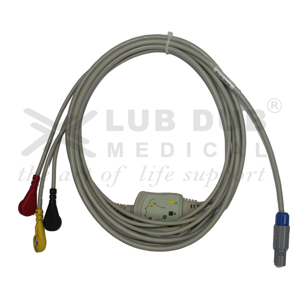 3 Lead ECG Cable Compatible with Biosys Redel 6 Pin Snap/Button type