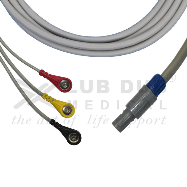 3 Lead ECG Cable Compatible with Biosys Redel 6 Pin Snap/Button type