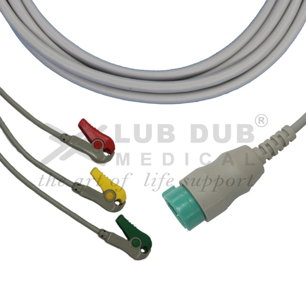 3 Lead ECG Cable Compatible with Physiocontrol LP20 12 Pin Clip type