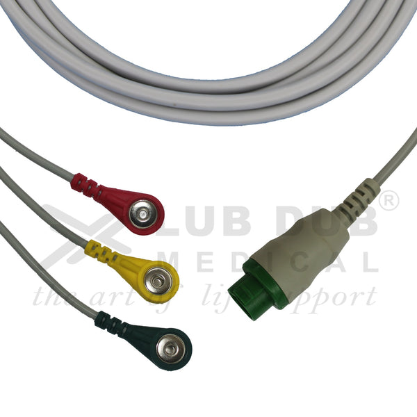3 Lead ECG Cable Compatible with Schiller TRUSCOPE MINI 12 Pin - Snap type